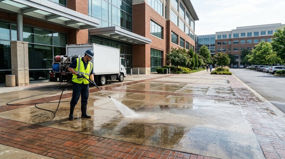 Worker pressure washing sidewalk outside commercial office building with service truck parked nearby