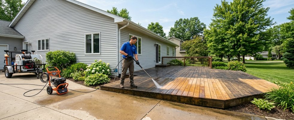 Worker pressure washing a wooden backyard deck beside a suburban house with cleaning equipment on driveway
