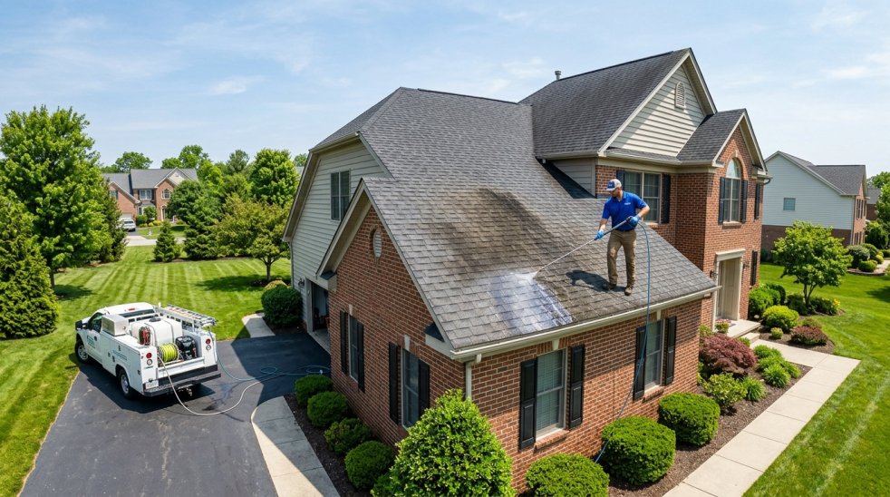 Technician soft washing a shingle roof on a brick house with service truck parked in the driveway