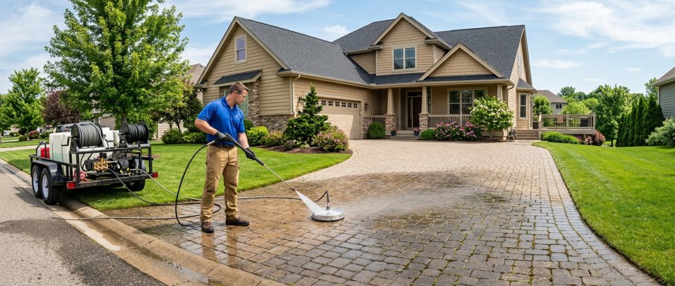 Technician pressure washing a residential brick driveway in front of a suburban home with trailer-mounted equipment