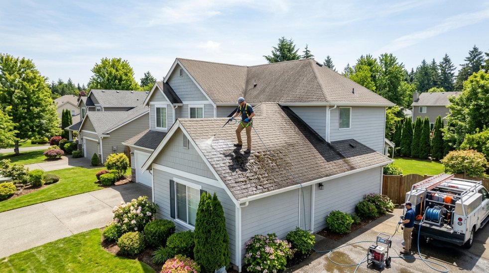 Technician pressure washing a suburban home's roof with service truck parked in the driveway