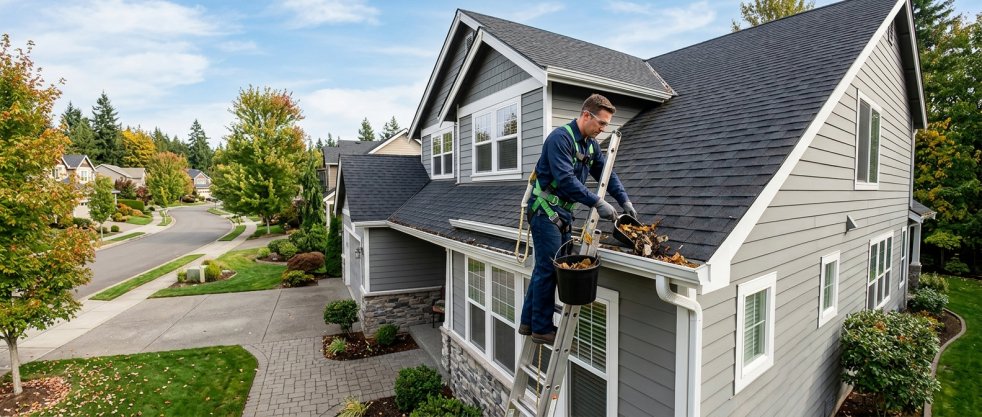 Technician cleaning leaves from house gutters on a ladder in a suburban neighborhood driveway and yard