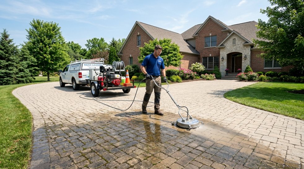 Worker pressure washing a brick paver driveway in front of a suburban home with cleaning truck and equipment trailer