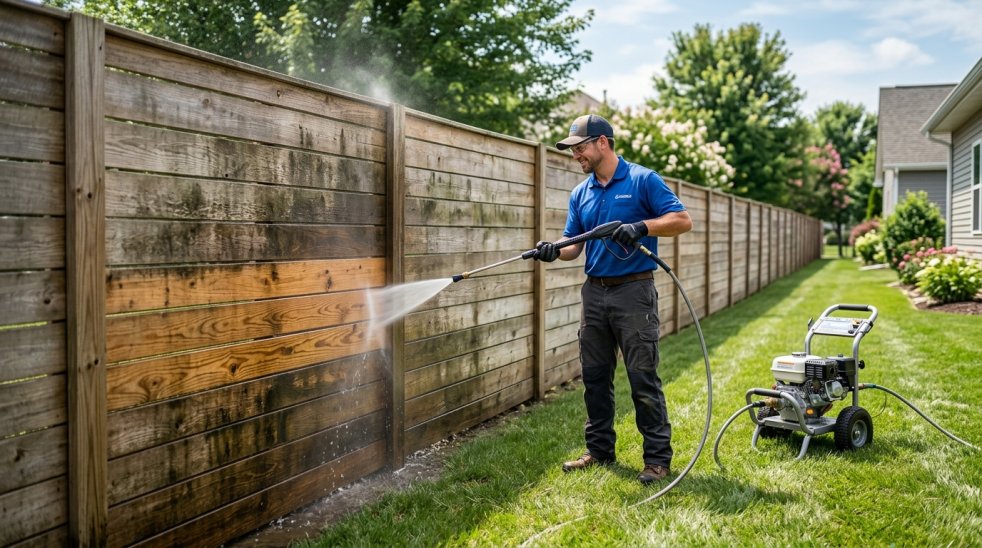 Technician pressure washing a wooden backyard fence beside a lawn with a power washer machine nearby