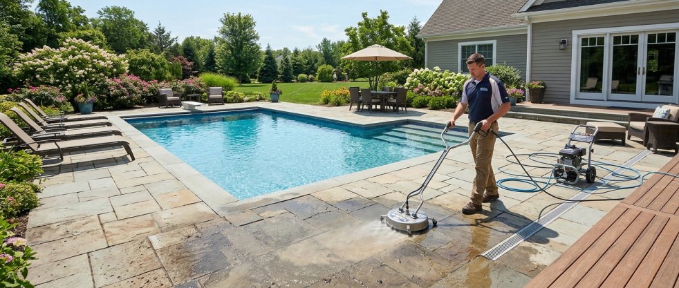 Worker pressure washing stone pool deck and patio beside backyard swimming pool and house
