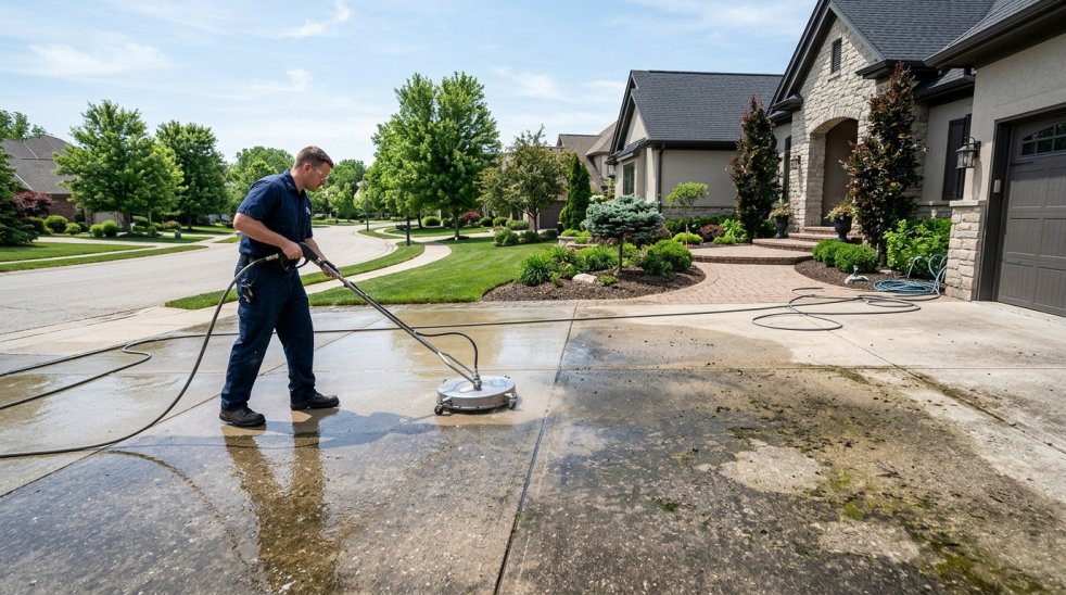 Worker pressure washing a stained concrete driveway in front of a suburban home